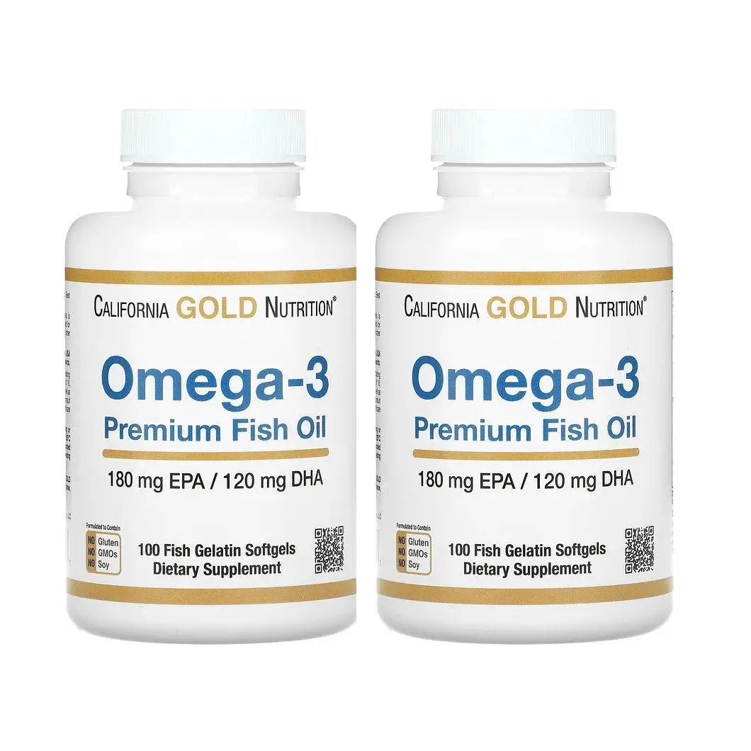 California Gold Nutrition Omega-3, Premium Fish Oil, 180 mg EPA / 120 mg DHA Concentrated Triglyceride Form, 100 Fish Gelatin Softgels (2 Pack)