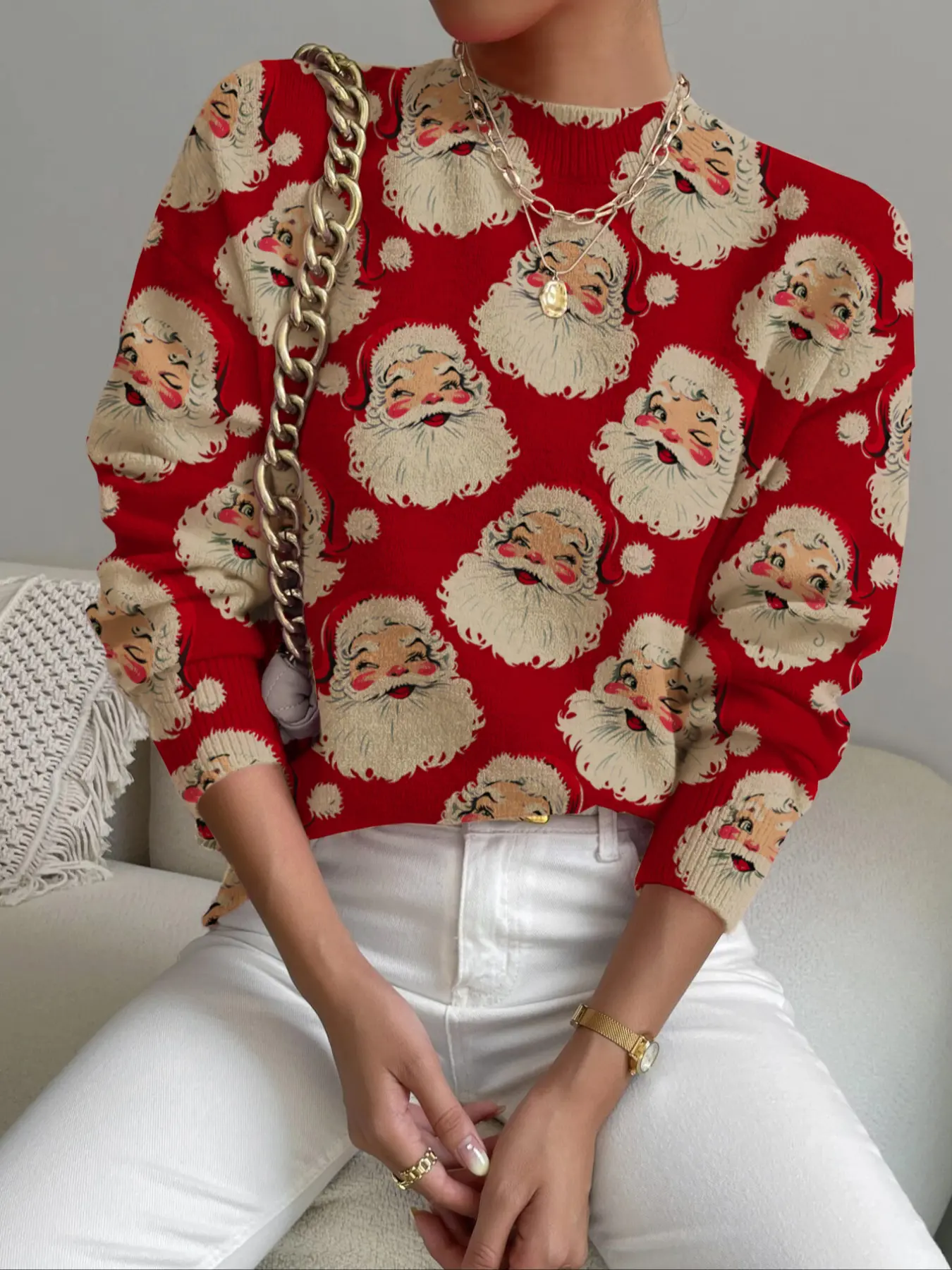 Women's Christmas Santa Print Stand Collar Knitted Sweater, Fall Winter Casual Long Sleeve Knitwear, Chic Comfortable Holiday Clothing