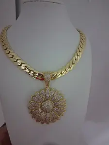 Gold toned cuban Chain 10mm 14 with Iced Sunflower Pendant