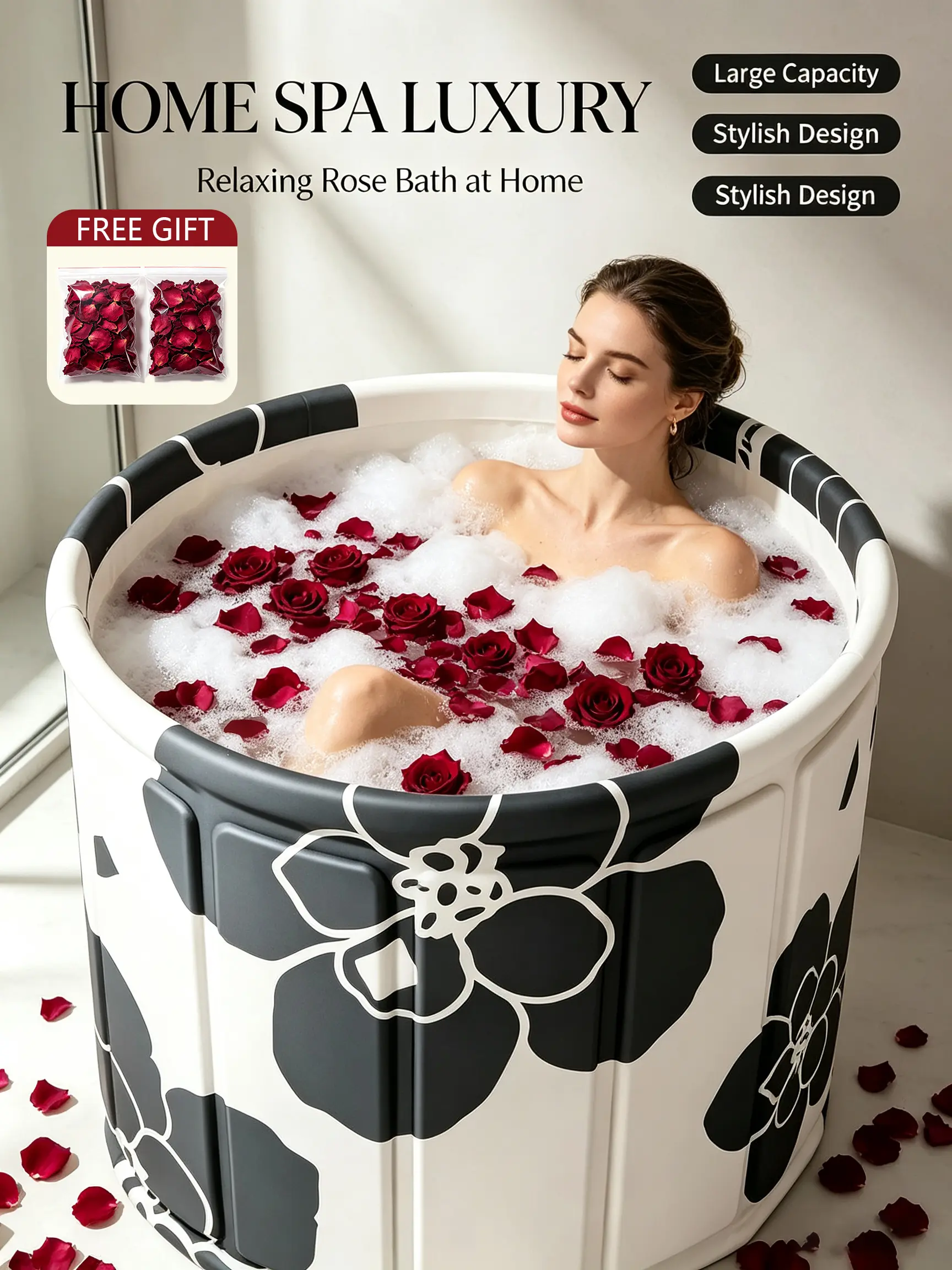 Upgraded Thickened Portable Foldable Bathtub for Adults with Stronger Support, Hot & Cold Ice Bath, B&W Floral Print, PVC SPA Soaking Standing Bath Tub for Shower Stall, Freestanding Non-Inflatable Tub with Thickened Thermal Foam for Better Heat Retention