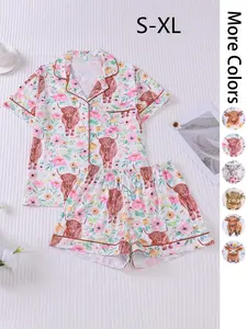 Women's All Over Cow Print Crop Cami Top & Shorts Pyjama Two-piece Set, Casual Comfy Button Up Lapel Neckline PJ Set, Women's Sleepwear for Summer, Loungewear, Lady, Casual Pajama Set