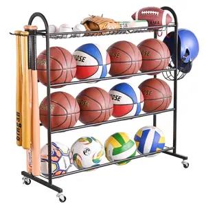 Basketball Rack, Rolling Ball Storage with Baseball Bat Holder and Hooks, Sports Equipment Storage with Wheels for Volleyball, Football and Basketball Accessories, Powder Coated Steel Metal Organiser