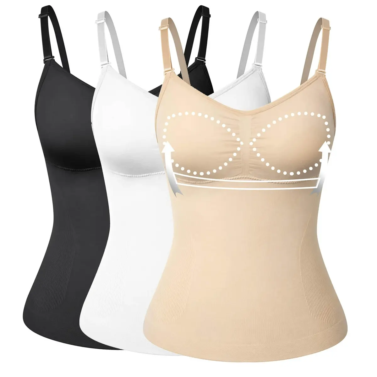 3 Pack Women's Shapewear Camisole, Nylon Spandex Compression Tank Top with Tummy Control and Built-in Padded Bra for Casual Wear, Shapewear For Women