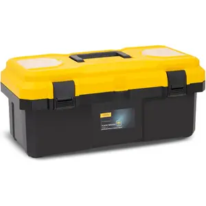 Small Toolbox, 15 inch Portable Tool Box, Yellow and Black Plastic Tool Box with Handle, Tool Case with Double Locking and Removable Tray