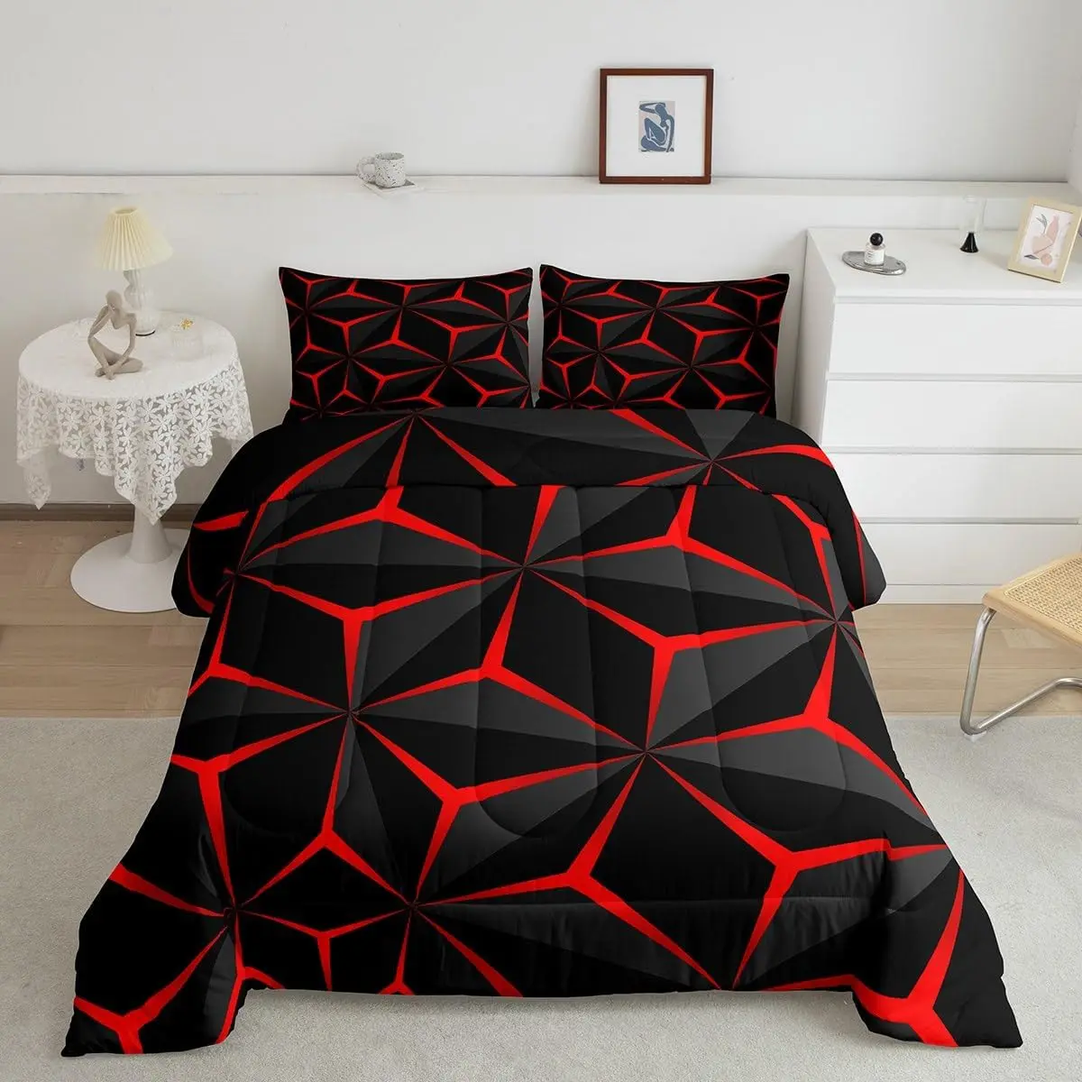 Feelyou 3D Red Neon Honeycomb Comforter - Geometric Stereoscopic Luxury Comfy Bedding, Breathable Duvet, Super Soft Decorative Set, Comfy Bedding Set, Breathable Duvet Set