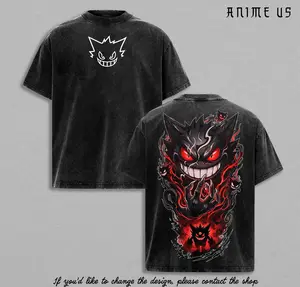 Spooky Ghost Monster Dark Anime Graphic Tee Vintage Washed Oversized Streetwear T Shirt Shadow Demon Red Flame Aesthetic Unisex Gift