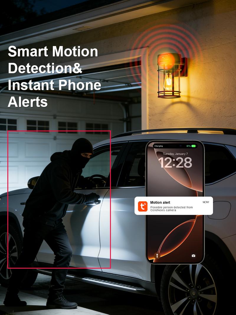 Outdoor Porch Light Security Camera, 2K HD Live View Wi-Fi Human Detection, Pan & Tilt, Two-Way Talk, Cloud/SD Storage, Waterproof, Built in Dusk to Dawn Outdoor Lighting, Outside Wall lamp For House Garage Front Door, Works with TUYA