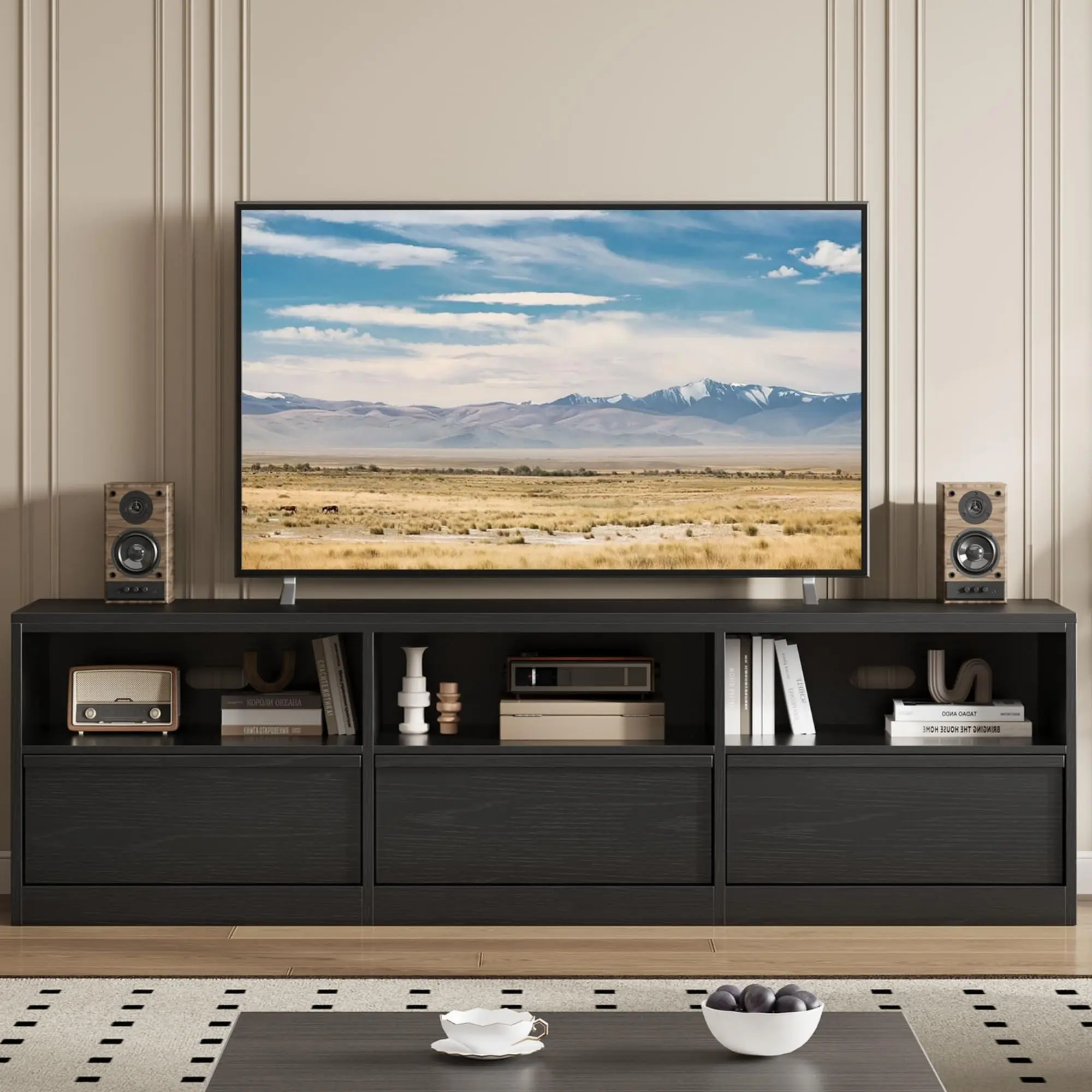 Garvee Mid Century Modern Entertainment Center for 65-75 Inch TVs, Industrial Style TV Stand with 3 Drawers and Open Shelves, Durable MDF Construction, Ideal for Living Room and Bedroom, Black Finish