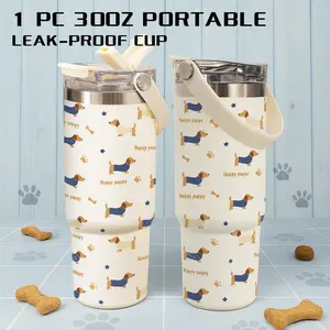 1 Pc 30 Oz Dachshund Puppy Vacuum Tumbler with Handle, 2-in-1 Flip Lid, Leak-Proof, Double-Wall Insulated, Easy Carrying, Fun and Cute Design, Keeps Hot 12H/ Cold 24H, Gift for Pet Lovers, Women, Friends, Use At Home, Office or Car.