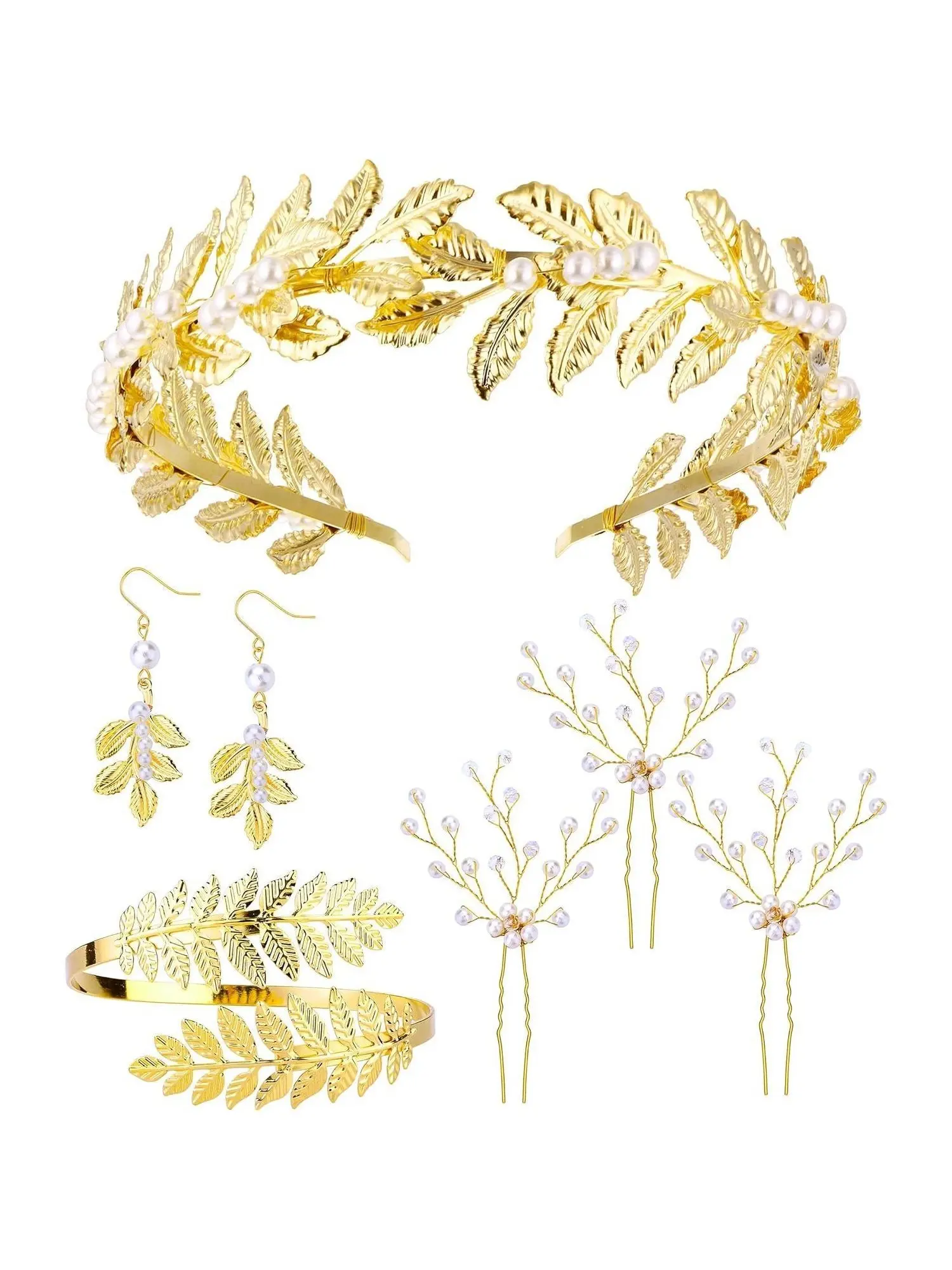 7 Pcs Golden Elegant Greek Goddess Costume Accessories Brilliant Bridal Laurel Leaf Crown Coil Arm Bracelets Golden Leaves Hair Comb Grecian Pearl Earrings Hairpins for Women Wedding Toga Costume Matching Jewelry Set