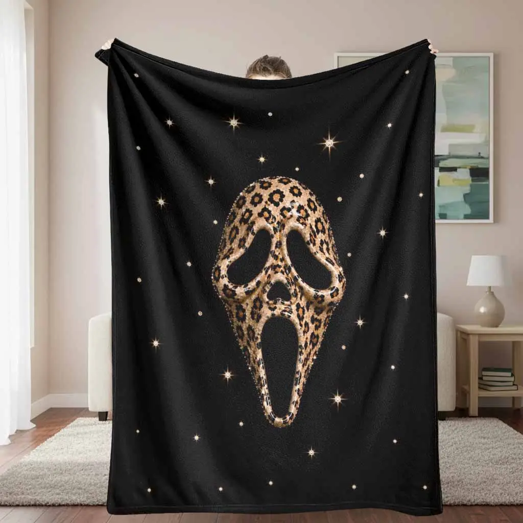 Leopard Print Ghost Face Flannel Blanket Gothic Starry Night Pattern Soft Cozy Lightweight Warm Throw for Sofa Bedroom Halloween Party Travel Camping Gift