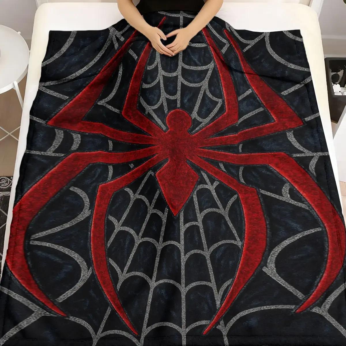 Red Spider Web Graphic Flannel Blanket, Soft, Skin-Friendly, Warm, Cozy Throw Blanket, Gothic Halloween Style Lightweight Bedding for Sofa, Bedroom Naps, Home Decor, Birthday Gift, use, multi-scene