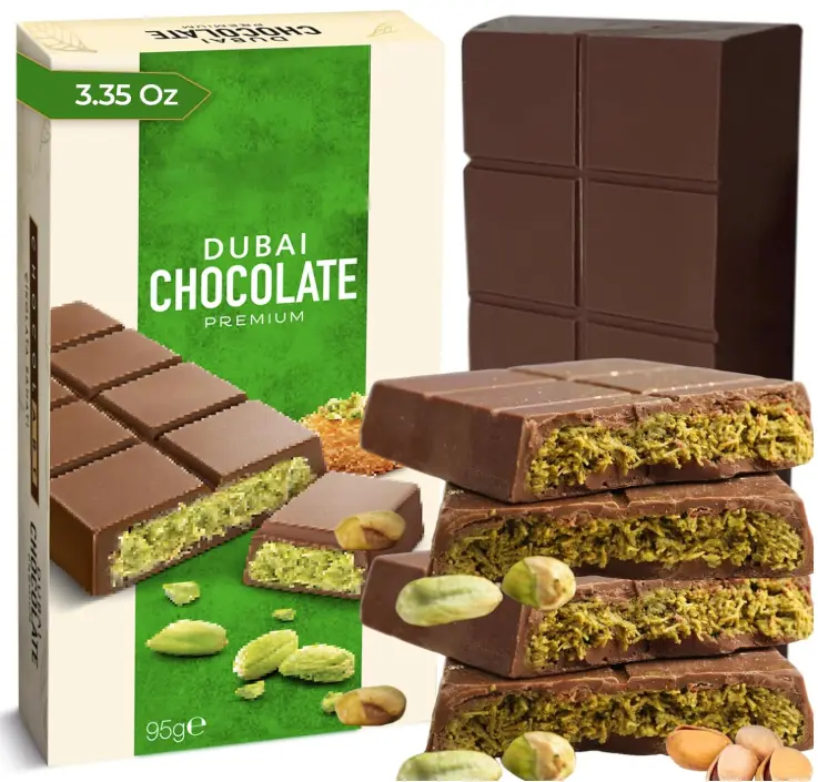 Dubai Chocolate Bar Pistachio 3.35oz (95g), Premium Mini Dubai Chocolate Bar with Pistachio Cream and Kataifi, Viral Candy with Shredded Phyllo Dough, Knafeh