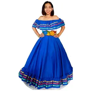 Traditional Mexican Blue Dress Handmade Striped Party Skirt
