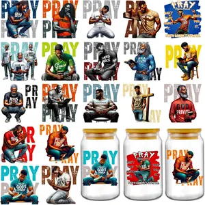 UV DTF Cup Wraps - 20 Sheets Christian Black Man Pray Uvdtf Cup Wrap for 16 20 oz Tumbler, Religious Faith Sublimation Transfer Stickers DIY Water Bottle Coffee Mug Decals Craft Decoration