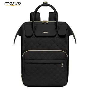 MOSISO 15.6 Inch Quilted Laptop Backpack for Women Men, Flight Approved Carry-On Bag with PU Leather Handle, USB Port & Multi-Compartment Design, Stylish Work College Travel Backpack for Business & School Use