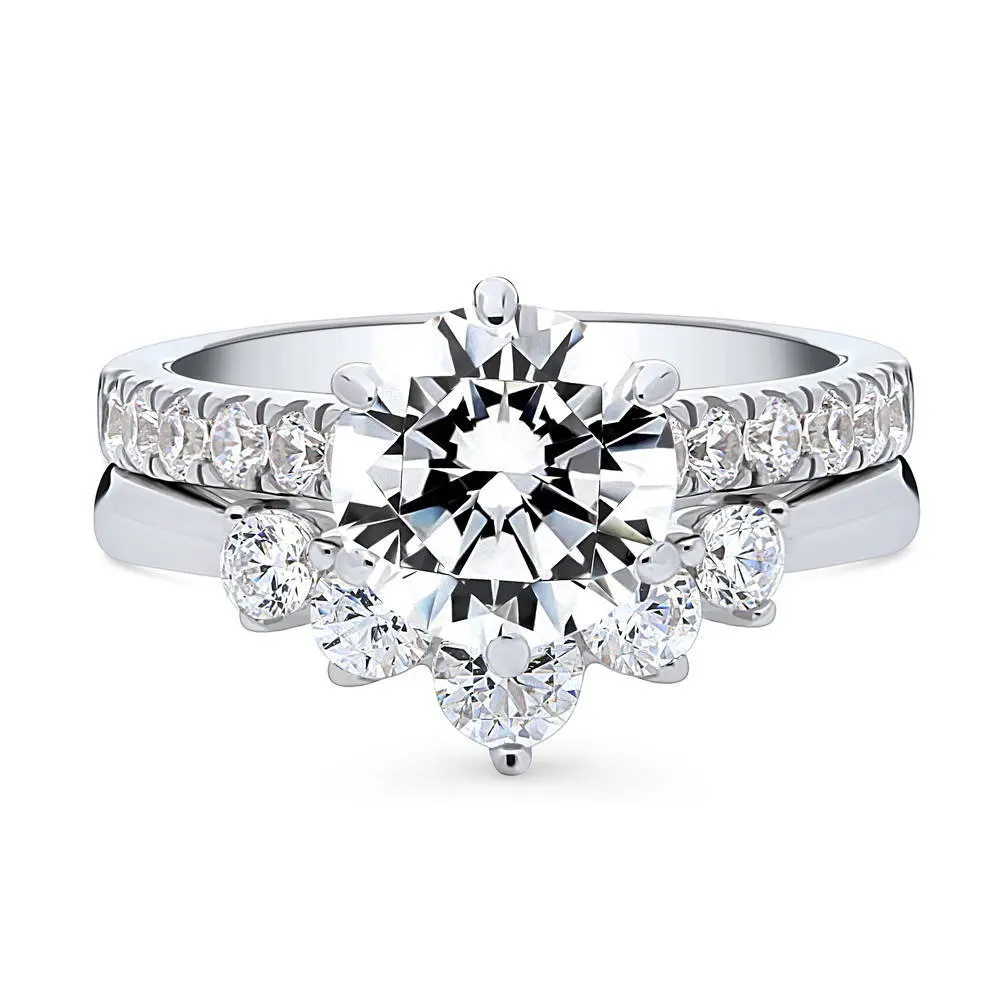 BERRICLE Sterling Silver Solitaire 5-Stone Wishbone Engagement Rings Statement Stackable Band for Women, 2 Carat Round Cut Cubic Zirconia CZ Ring Set