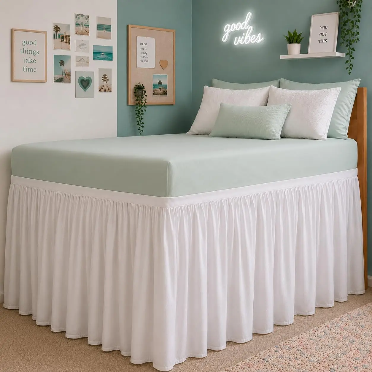 Twin XL Dorm Bed Skirt 30 Drop - Long Wrap Around Elastic Dust Ruffle, Soft Microfiber, No Lift Installation, Wrinkle Free, Machine Washable White Bedskirt for College Dorm Room