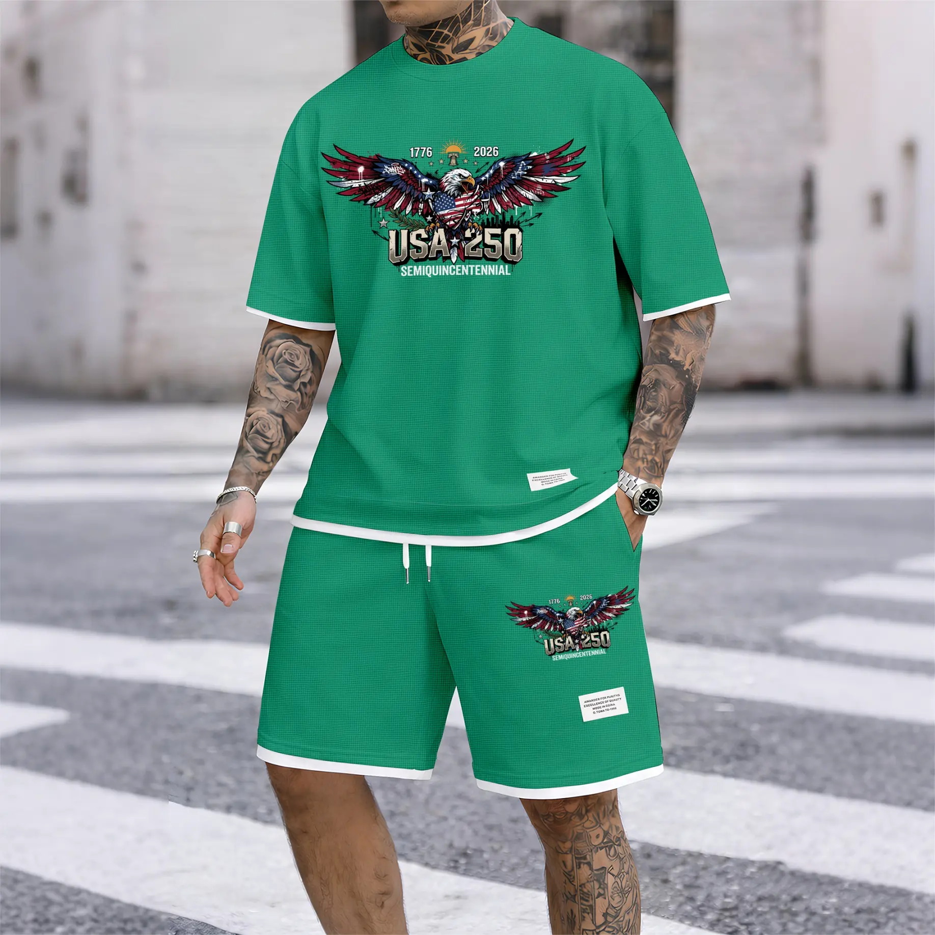 Men’s USA 250 Semiquincentennial Eagle Graphic Waffle Knit Short Set, Casual Short-Sleeved Shirt And Drawstring Shorts Outfit, Lightweight Breathable Two-Piece Set