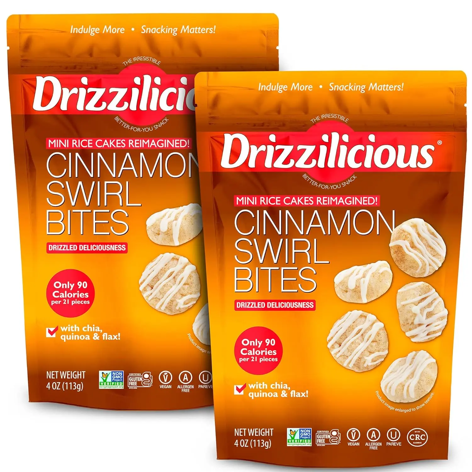 Drizzilicious Mini Flavored Rice Cakes Cinnamon Swirl - Rice Crisps, Healthy Snack for Adults and Kids, Vegan, Gluten Free Snack, Allergen Free, Only 90 Calories Per 21 Pieces - 4 oz (Pack of 2)