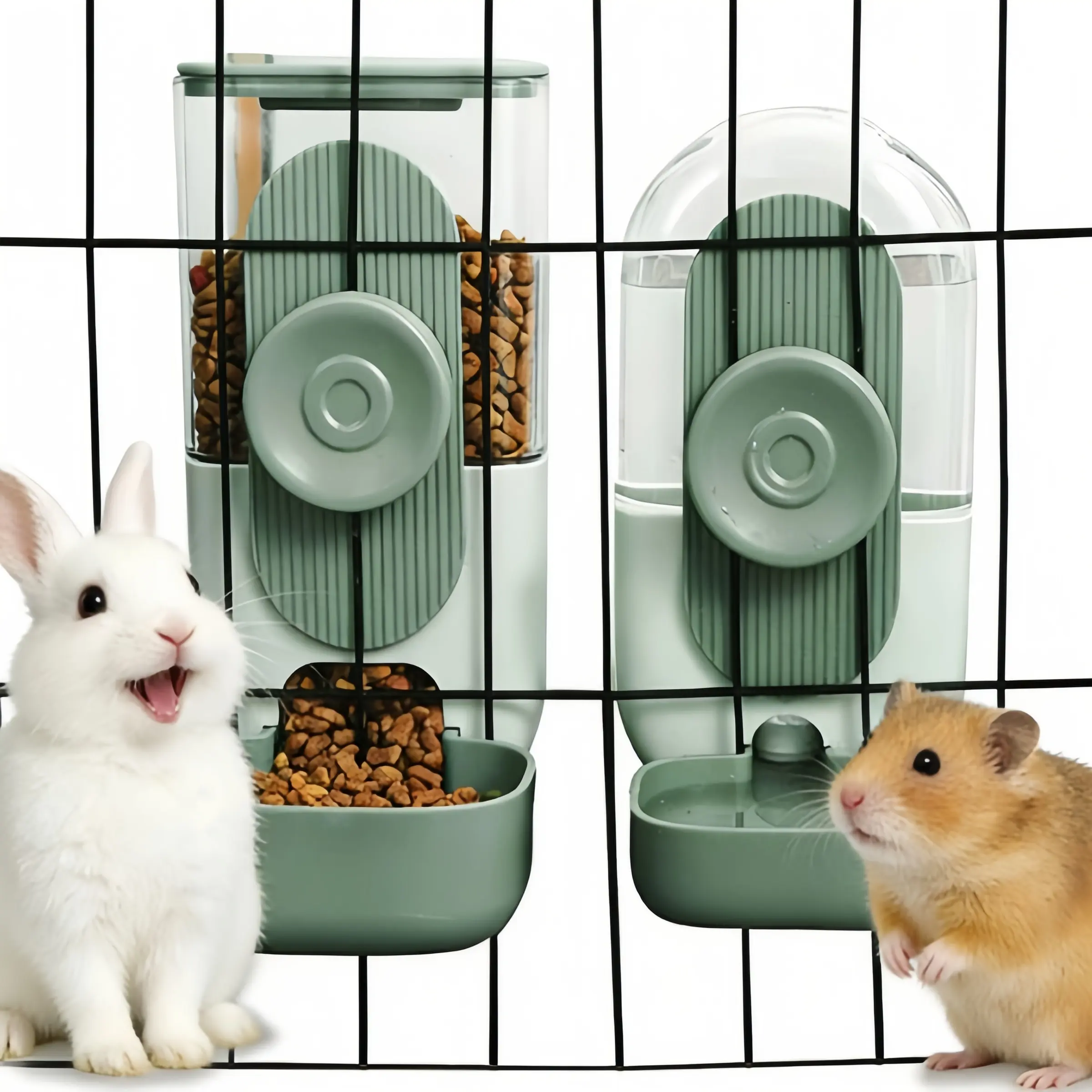 2 Pack Hanging Automatic Food and Water Dispenser, Hanging Automatic Food Dispenser,Gravity Rabbit Feeder Set, Cage Cat Dog and Bunny Hamster Parrot Food Bowl (Cage Grid Spacing Over 1.2inch)