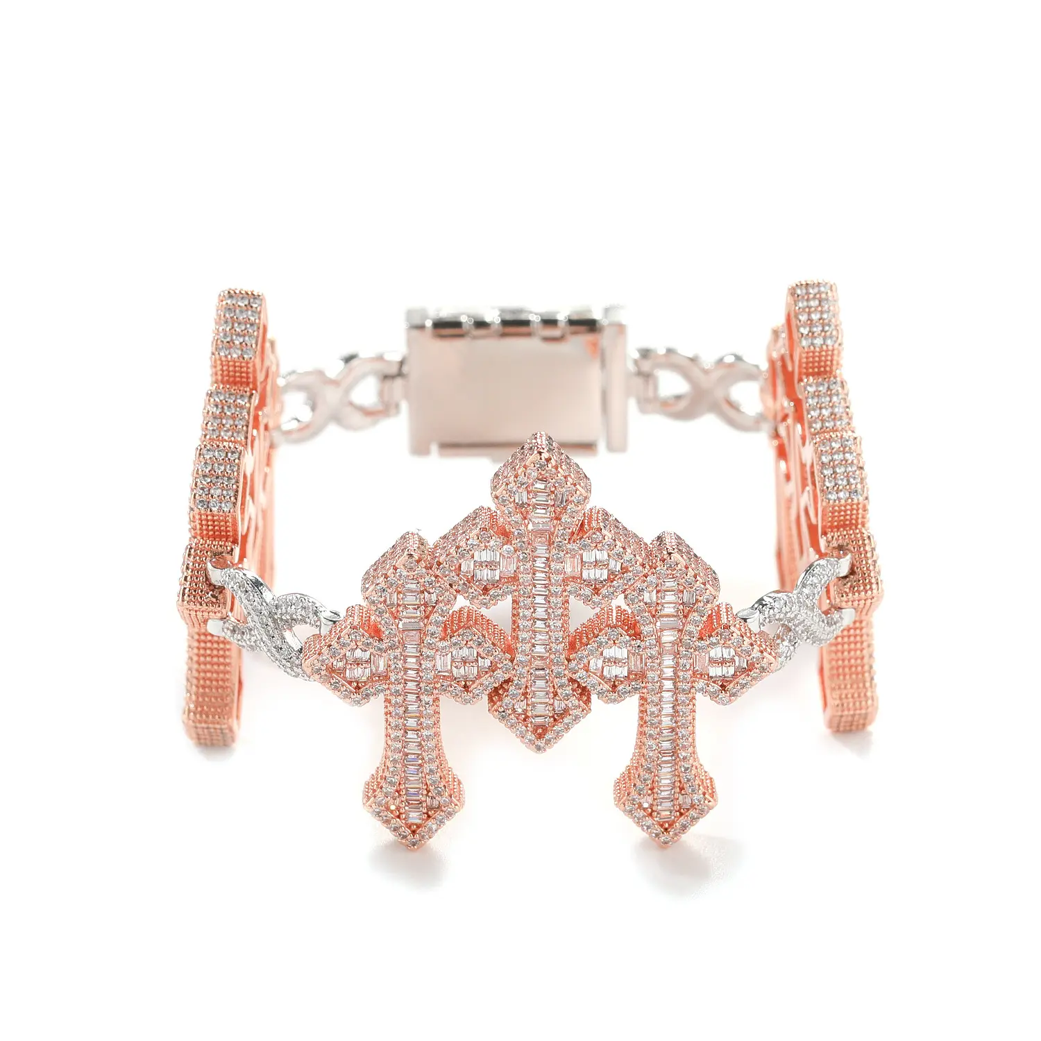 QUEENDO Iced Multi Cross Link Bracelet, Baguette & Round Stone Paved Cuff Wrist Chain, Gold Silver Rose Gold 3 Colors Available, Adjustable Link Bracelet, Hip Hop Daily Party Jewelry Gift