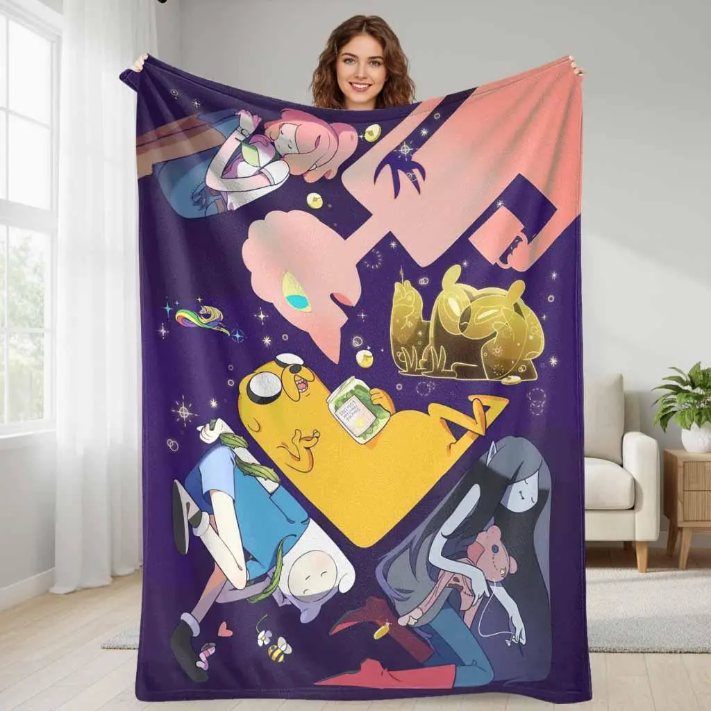 Adventure Time Whimsical Cartoon Style Blanket - Single-Sided Printed Polyester Flannel, Ultra-Plush, Super Soft, Lightweight, Warm, Multi-Size, Vivid Colors, for Indoor, Home & Travel Use, Ideal Gift for Adult Cartoon Lovers, Whimsical Cartoon Style Blan