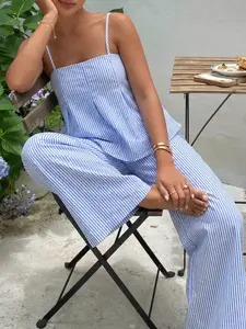 Summer Casual Women's Blue Striped Set, Sleeveless Cami Top and High Waist Wide Leg Pants, French Style Two-Piece