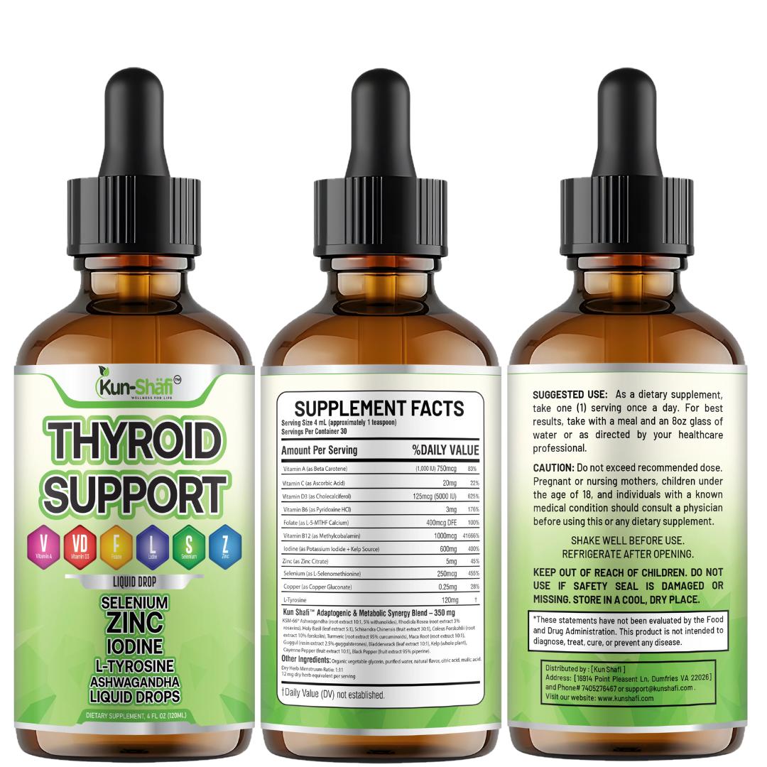 Thyroid Support Liquid Drops with Iodine, Selenium, Zinc & L-Tyrosine | Vitamin A, D3 & Folate | Daily Wellness Formula (4 Fl Oz)