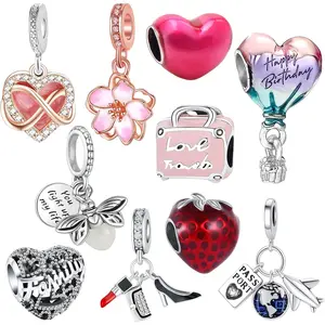 10 Pack Silver Bead Charms for Pandora Bracelets and Necklaces Charm for Woman Cubic Zirconias Dangle Pendant Jewelry Beads Set Style1