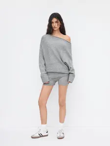 Cider Knit Wool-blend Asymmetrical Neck Long Sleeve Top & Low Rise Shorts Set