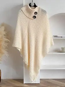 Women's Solid Color Fringe Trim Knit Shawl, Casual Boho Loose Batwing Poncho Cape for Daily Wear, Fashion Accessories for Women & Girls, Womenswear Knitwear