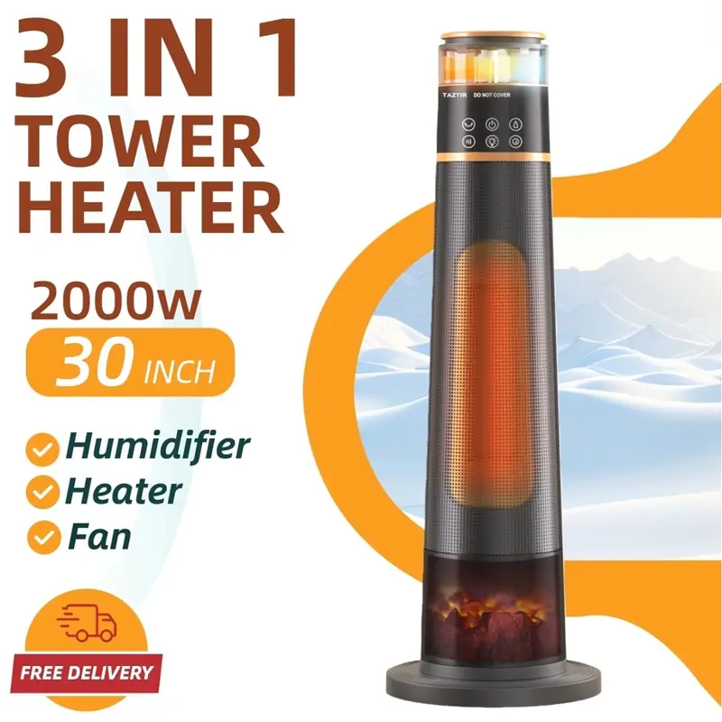 Remote-Controlled Tower Space Heater with 3 Modes, Humidifier Oscillating Ceramic Heater, Adjustable Thermostat, 24H Timer, Overheating & Tip-Over Protection for Large Rooms, Bedroom, and Home, Heaters for Indoor Use