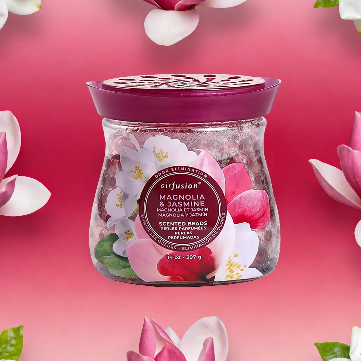 AIR FUSION Floral Scented Bathroom Odour Control Crystal Beads Air Freshener, 14 Oz Magnolia & Jasmine Aroma, 1 Pack, Easy-Open Lid Design, Maintains Freshness