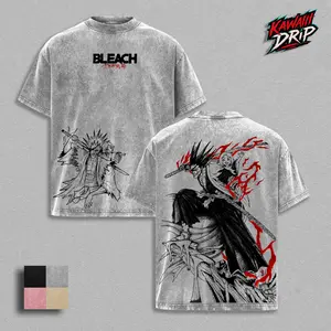 Kenpachi Zaraki Bleach Vintage Washed Oversized Anime T-Shirt & Hoodie | Heavyweight Cotton Streetwear Graphic Tee | Dark Manga Line Art Back Print | Unisex Loose Fit Japanese Anime Shirt | Classic Bleach Anime Streetwear Gift