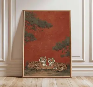 Japanese Tiger Poster, Vintage Wildlife Art Print, Red Oriental Wall Art, Traditional Woodblock Style, Zen Nature Home Decor