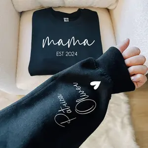 Personalized Mama Sweatshirt With Kids Names on Sleeve, Custom Est Date Mom Outfit, Custom Momma Hoodie, Mother's Day Gift, Names On Sleeve With Heart