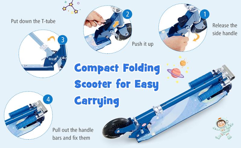 [Costway]- Folding Kick Scooter, 2 Light Up Flashing Wheels Scooter W/ 3 Adjustable Heights, Rear Brake System, Portable Aluminum Alloy-Springtok