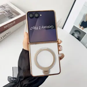 High-End Transparent Electroplated Phone Case for Samsung Galaxy Z Flip7/6/5/4, 360° Rotating Stand, Wireless Charging Support, Shockproof