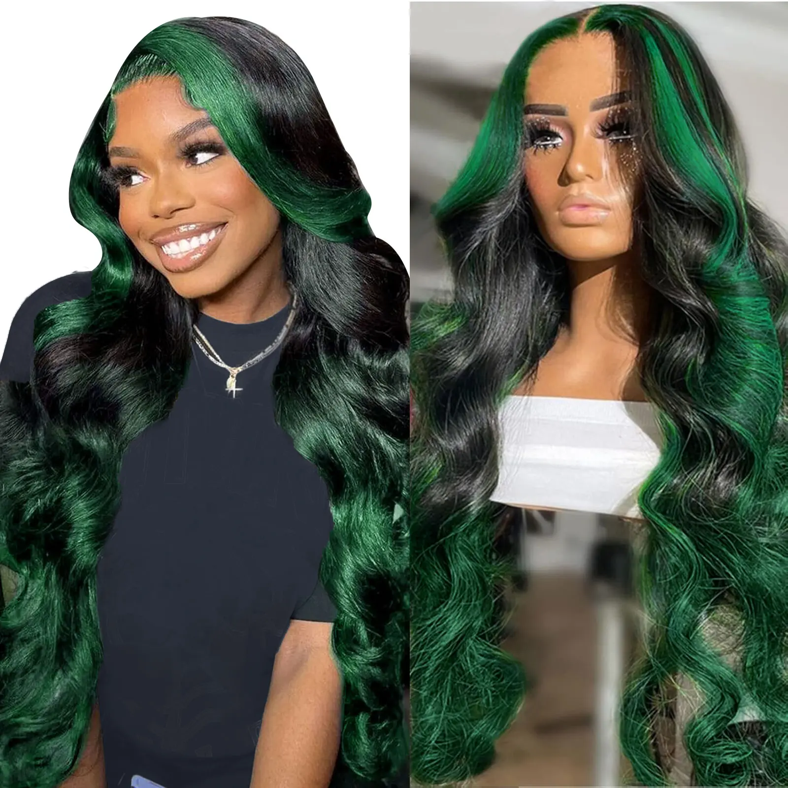 HAHA Ombre Green Wig Human Hair Black Green Highlight Lace Front Wig Skunk Stripe Body Wave 13x4 Transparent HD Lace Frontal Wigs Colored Glueless Human Hair Wig 150% Density