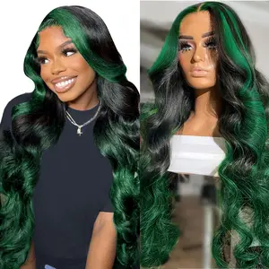HAHA Ombre Green Wig Human Hair Black Green Highlight Lace Front Wig Skunk Stripe Body Wave 13x4 Transparent HD Lace Frontal Wigs Colored Glueless Human Hair Wig 200% Density
