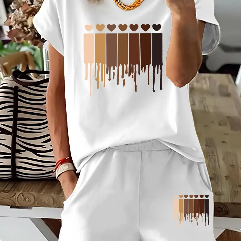 Two-Piece Set Women's Ombre Heart Print Top Tee & Skinny Shorts, Casual Short Sleeve T-shirt & Shorts for Daily Wear, Ladies Summer Clothes