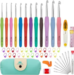 Crochet Hooks 12 Sizes Crochet Hook Set,  Yarn Crochet Kit for Beginners, Knitting Needles with Ergonomic Handles for Arthritic Hands, Crochet Needle Kit with Blue Case for Crocheters
