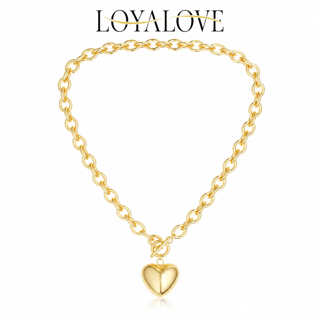 Loyalove 14K Gold Plated Trendy Gold Heart Necklace for Women, Chunky Link Chain Necklace with Toggle Clasp, Puffy Heart Pendant Jewelry, Cute Statement Necklace Gift for Her