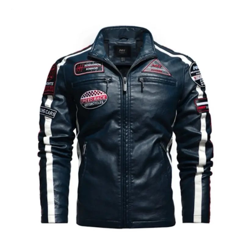 PuffDaddys.org Mens Biker Vegan Leather Jacket with Badges, Faux Leather, Features Red and White Stripes, Front Zipper Closure - Menswear