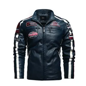 PuffDaddys.org Mens Biker Vegan Leather Jacket with Badges, Faux Leather, Features Red and White Stripes, Front Zipper Closure - Menswear