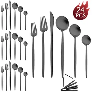 Luxury Black Flatware Sets, 24-pieces Elegant Cute 18/10 Stainless Steel Silverware Set for Eating Home Kitchen Hotel Restaurant