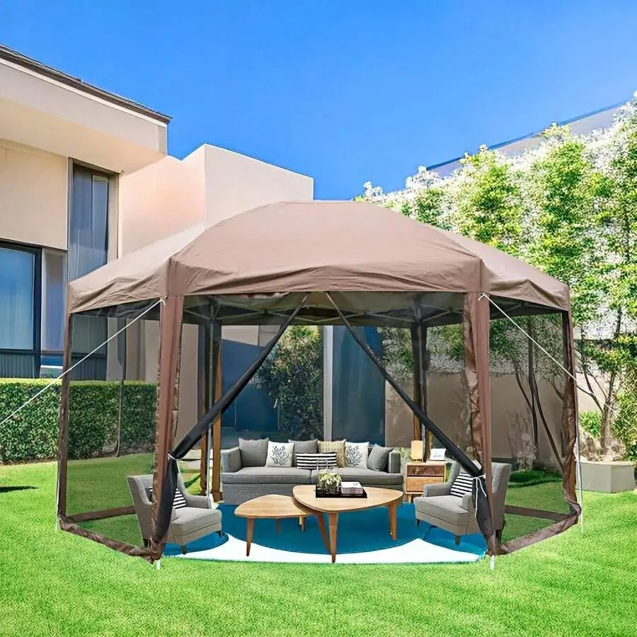 13x13ft Hexagon Pop-Up Gazebo Tent - Instant Setup w/ Mosquito Net & Carry Bag, Adjustable Height Screen Canopy for Backyard, Party, Camping (Brown)
