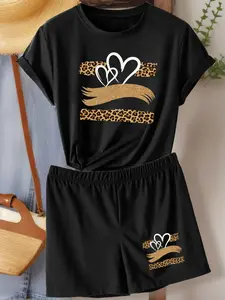 【Plus Size】 Two-Piece Set  Heart Print Tee & Leopard Print Shorts, Casual Fitted Round Neck Short Sleeve T-shirt & Shorts, Women's Two-piece Outfits for Summer, Matching Outfit Set, Womenswear, Lady
