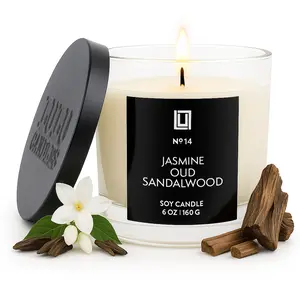 Jasmine, Oud & Sandalwood | Luxury Scented Candle | 6 Oz. with Black Lid